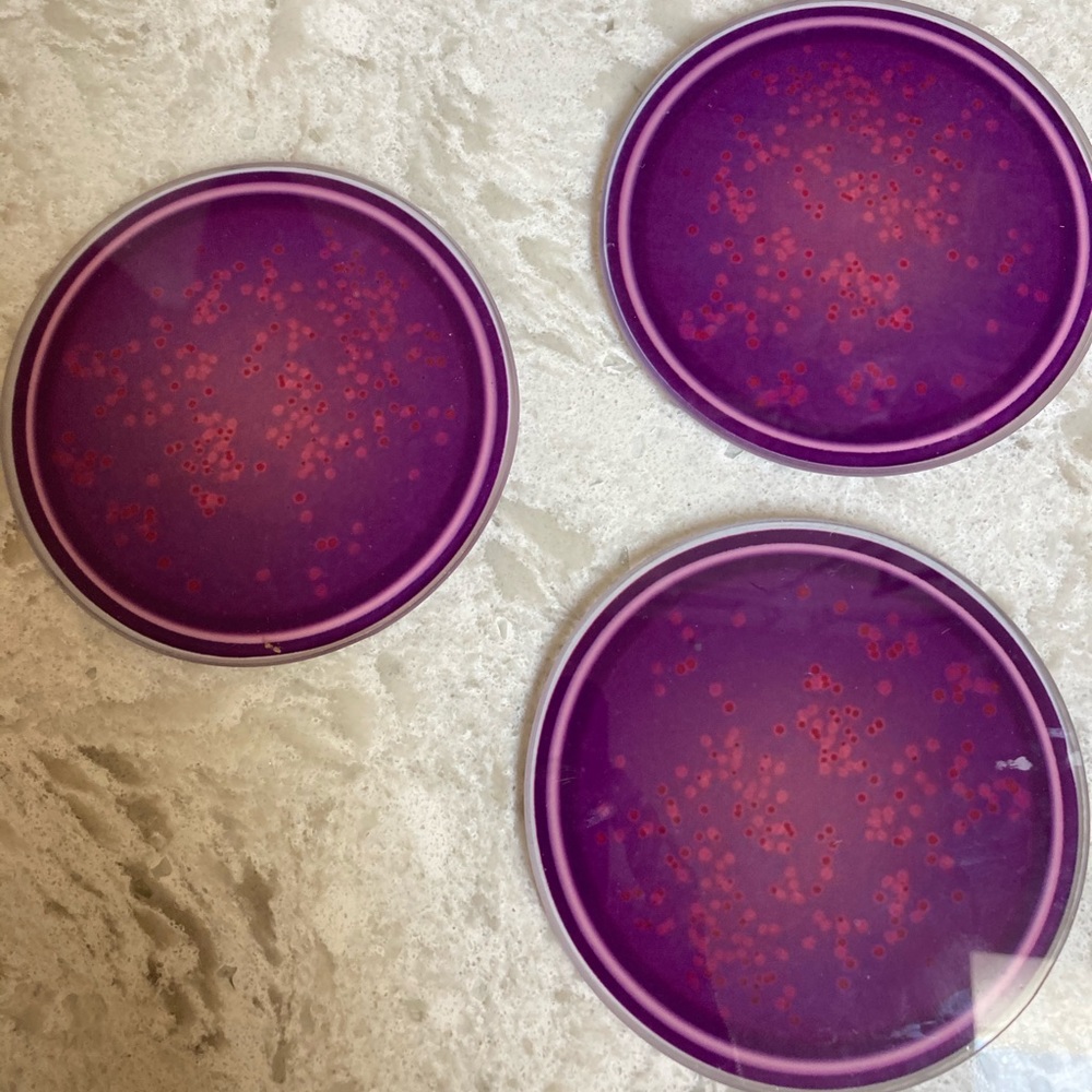 3 purple glass coasters, molecular design